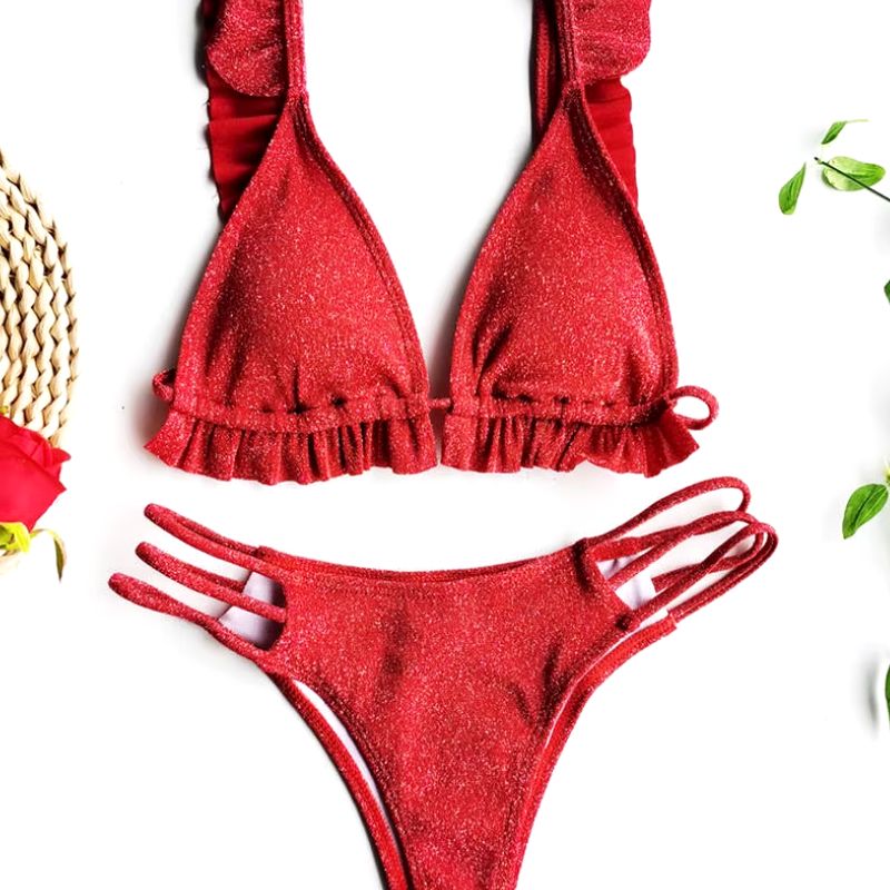 Strój kąpielowy dwuczęściowy falbanki na ramionach