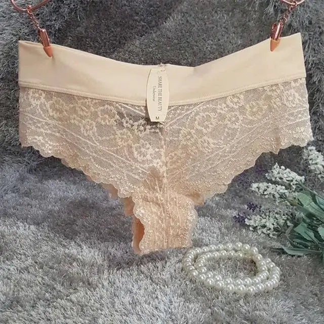 Beżowy Majtki koronkowe hipster