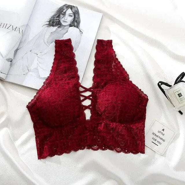 Bordowy Biustonosz koronkowy bralette gorsetowy przód