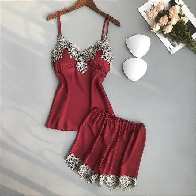 Bordowy Piżama damska koronka z kwiatami