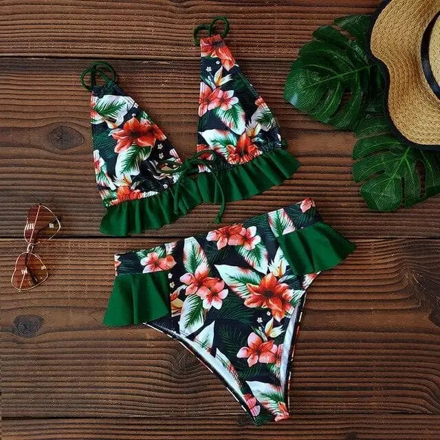 Ciemnozielony Strój kąpielowy dwuczęściowy plunge