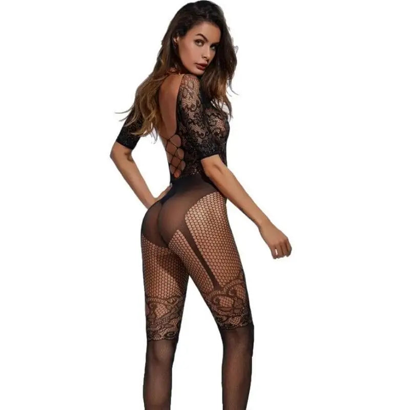 Czarny Bodystocking z rękawem 3/4