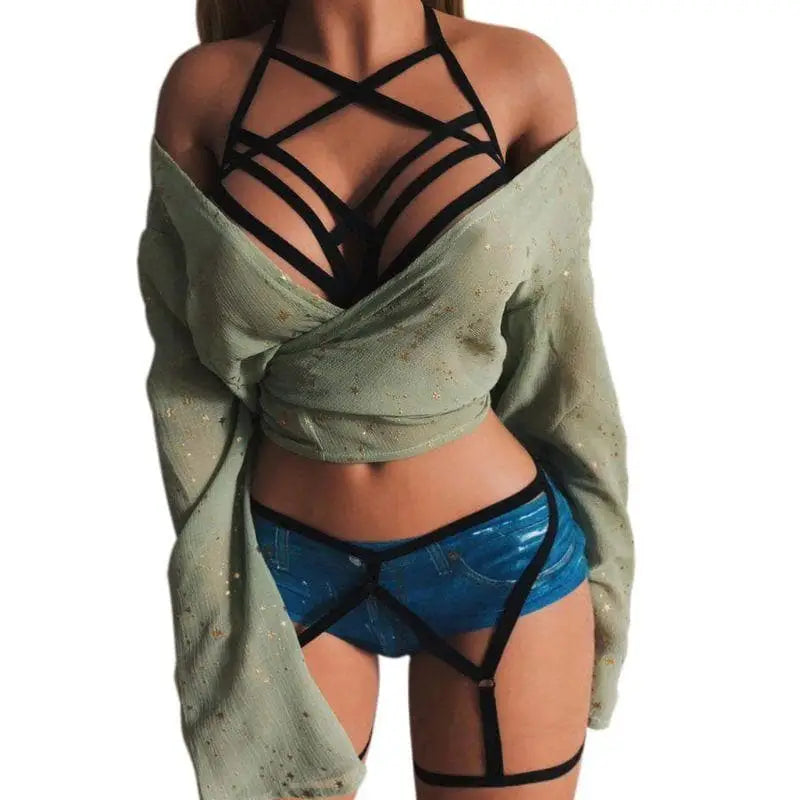 Czarny Harness ze skomplikowanym wzorem