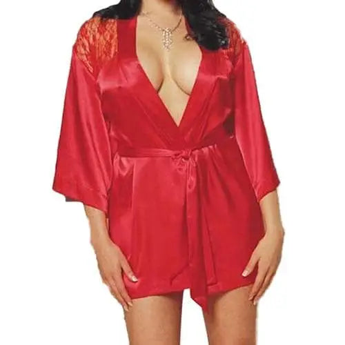 Czerwony Peniuar krótki z koronkowymi wstawkami