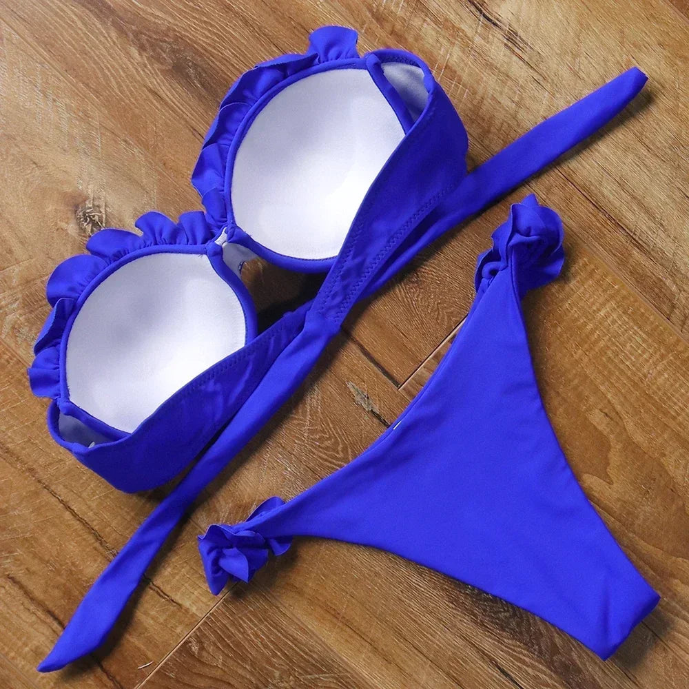 Dwuczęściowy strój kąpielowy bikini z ozdobną falbanką