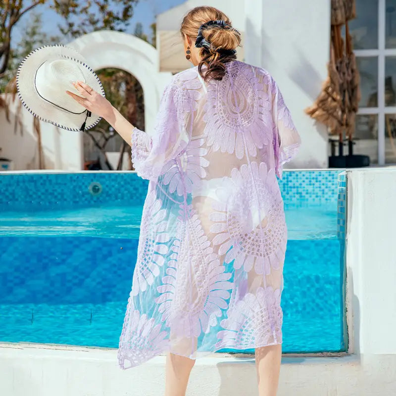 Fioletowy Transparentne kimono plażowe z motywem kwiatów
