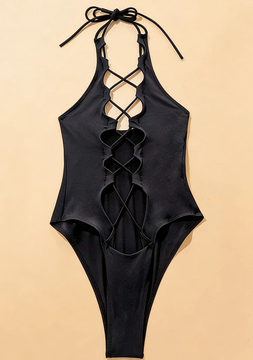 Jednoczęściowy strój kąpielowy z sznurowaniem z przodu