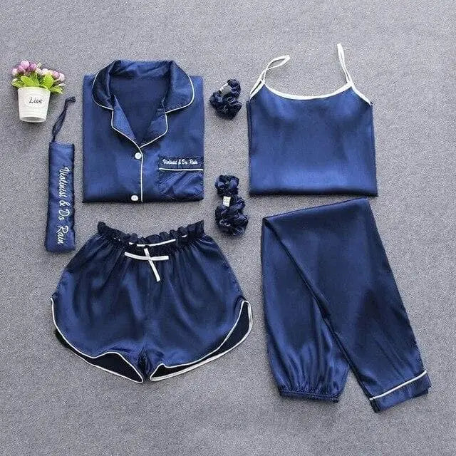 Granatowy Komplet do spania sześcioczęściowy z lamówką