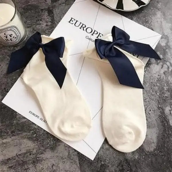 Granatowy Skarpetki za kostkę z dużą kokardą