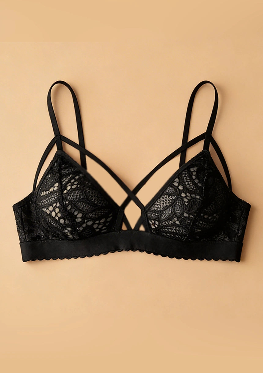 Biustonosz koronkowy bralette z dekoracyjnymi paskami