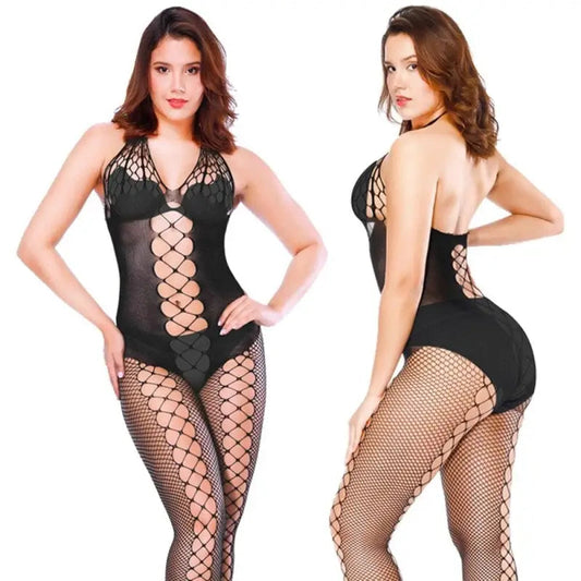 Czarny Bodystocking z amerykańskim dekoltem