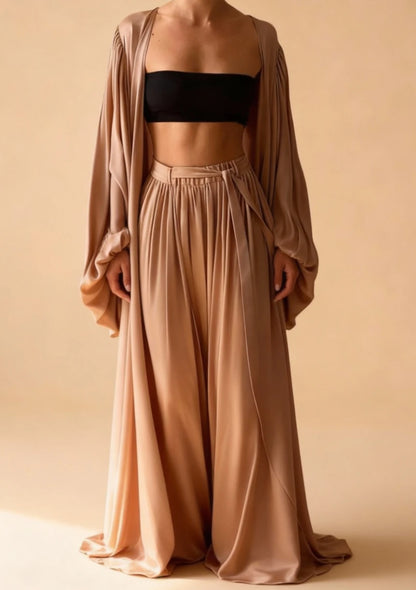 3-częściowy luźny komplet odzieży domowej z długimi spodniami i peniuarem