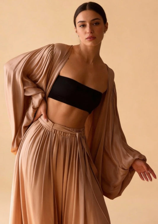 3-częściowy luźny komplet odzieży domowej z długimi spodniami i peniuarem