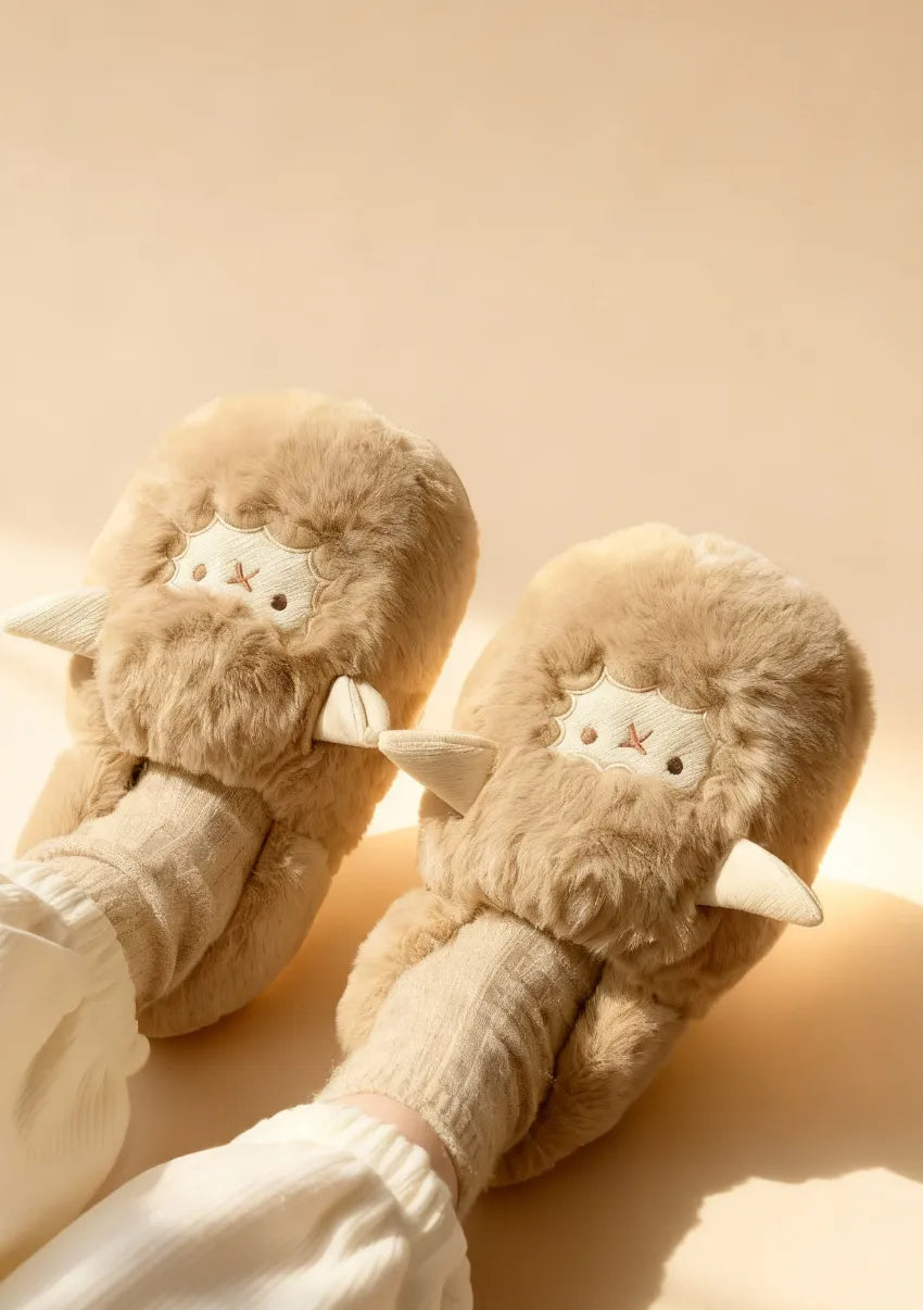 Puszyste kapcie domowe wzór owcy