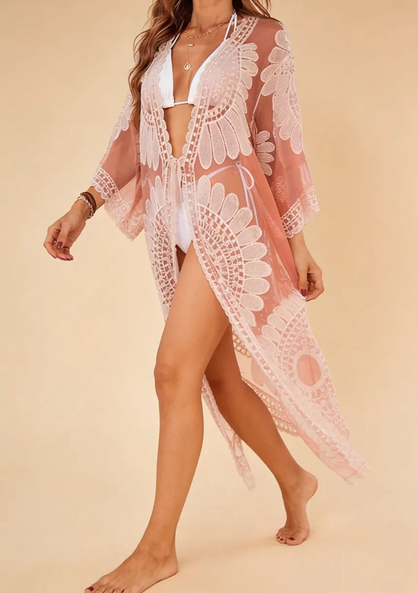 Transparentne kimono plażowe z motywem kwiatów