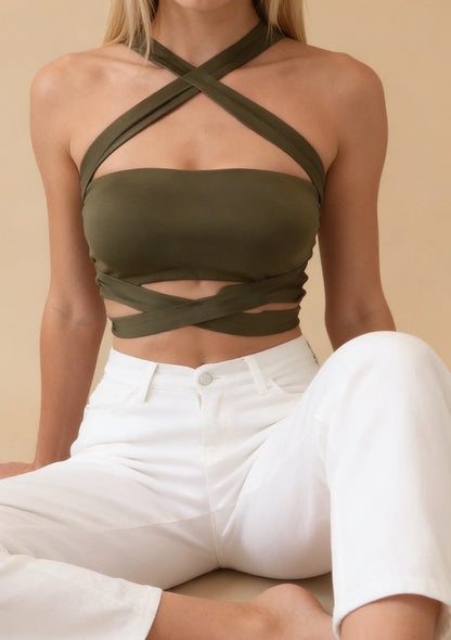 Biustonosz bandeau z dekoracyjnymi paskami