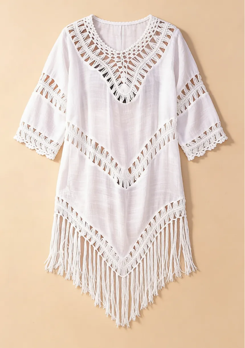 Krótka sukienka plażowa w stylu boho z frędzlami