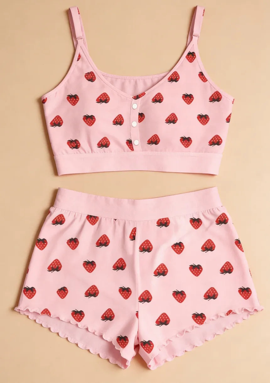 Krótka piżama damska z motywem truskawek