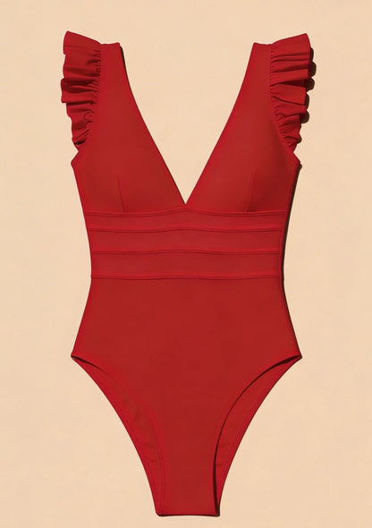 Jednoczęściowy strój kąpielowy z ozdobnymi falbanami