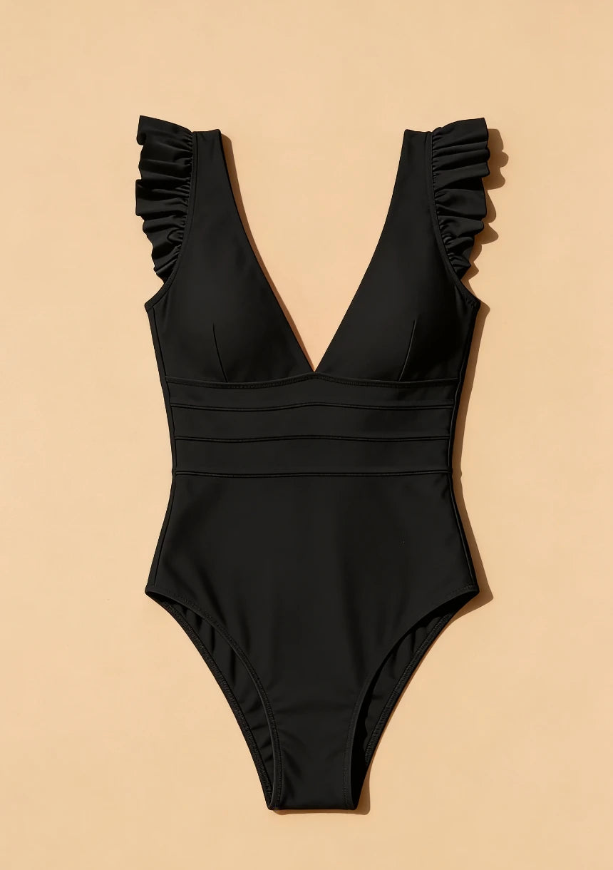 Jednoczęściowy strój kąpielowy z ozdobnymi falbanami