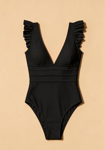 Jednoczęściowy strój kąpielowy z ozdobnymi falbanami