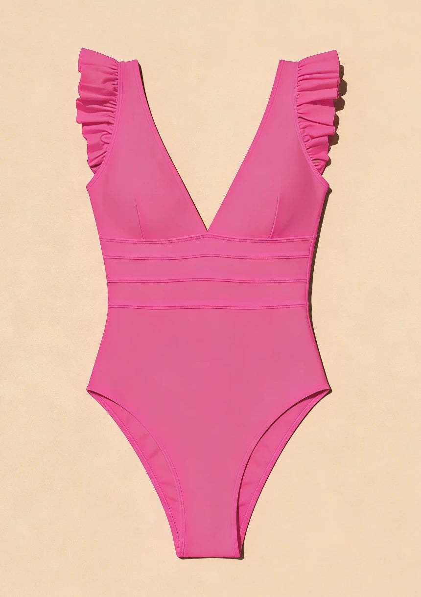 Jednoczęściowy strój kąpielowy z ozdobnymi falbanami