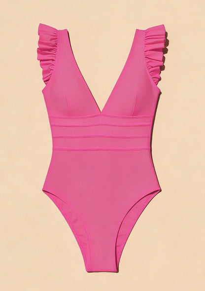 Jednoczęściowy strój kąpielowy z ozdobnymi falbanami