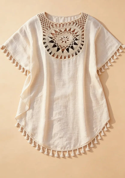 Krótka sukienka plażowa z haftem i frędzlami