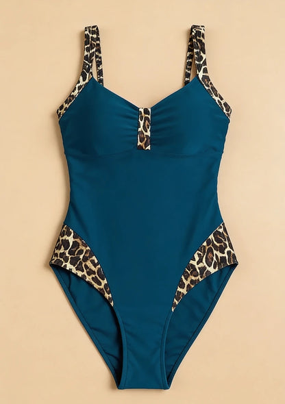 Jednoczęściowy strój kąpielowy z wzorzystymi elementami