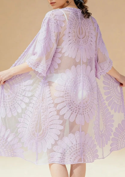 Transparentne kimono plażowe z motywem kwiatów