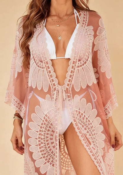 Transparentne kimono plażowe z motywem kwiatów