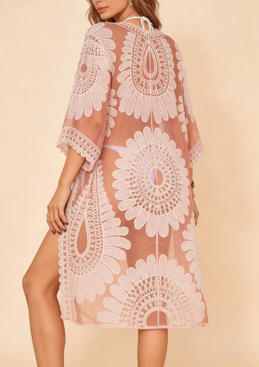 Transparentne kimono plażowe z motywem kwiatów