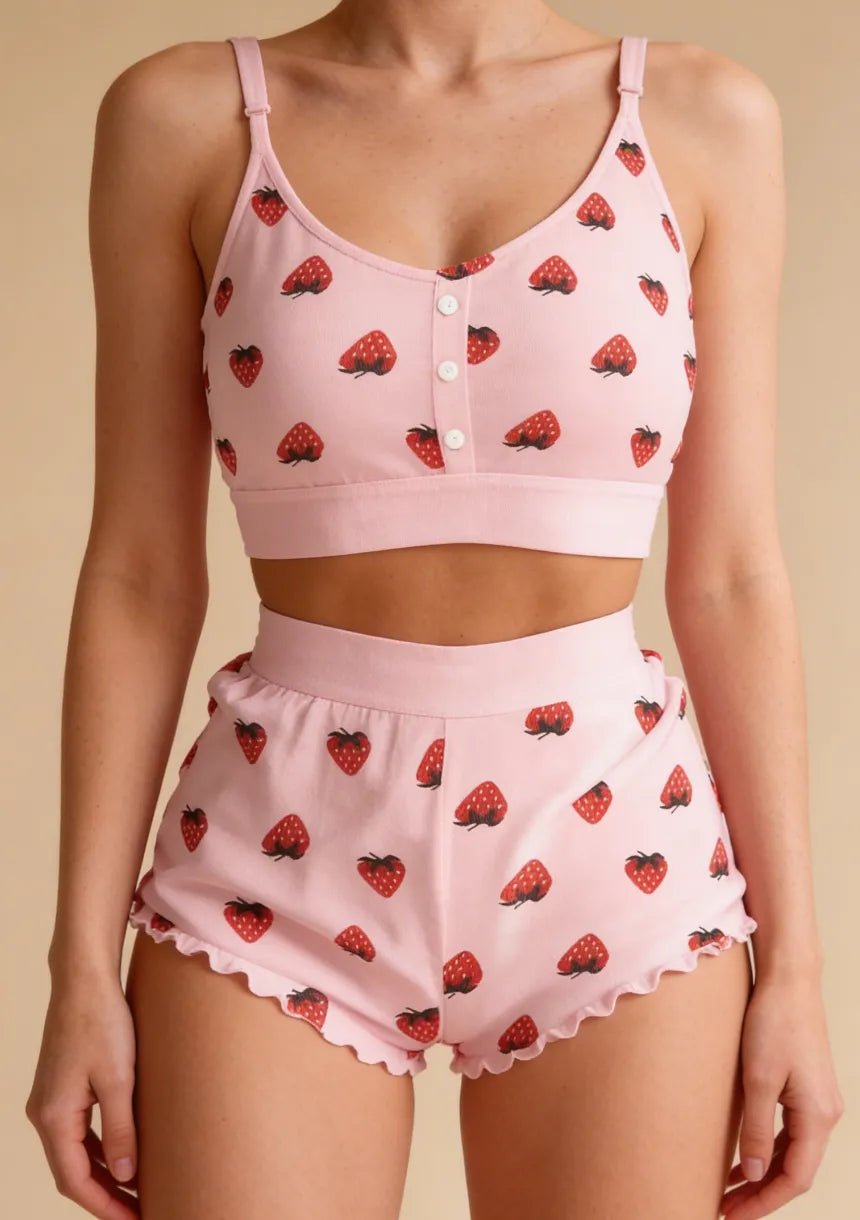 Krótka piżama damska z motywem truskawek
