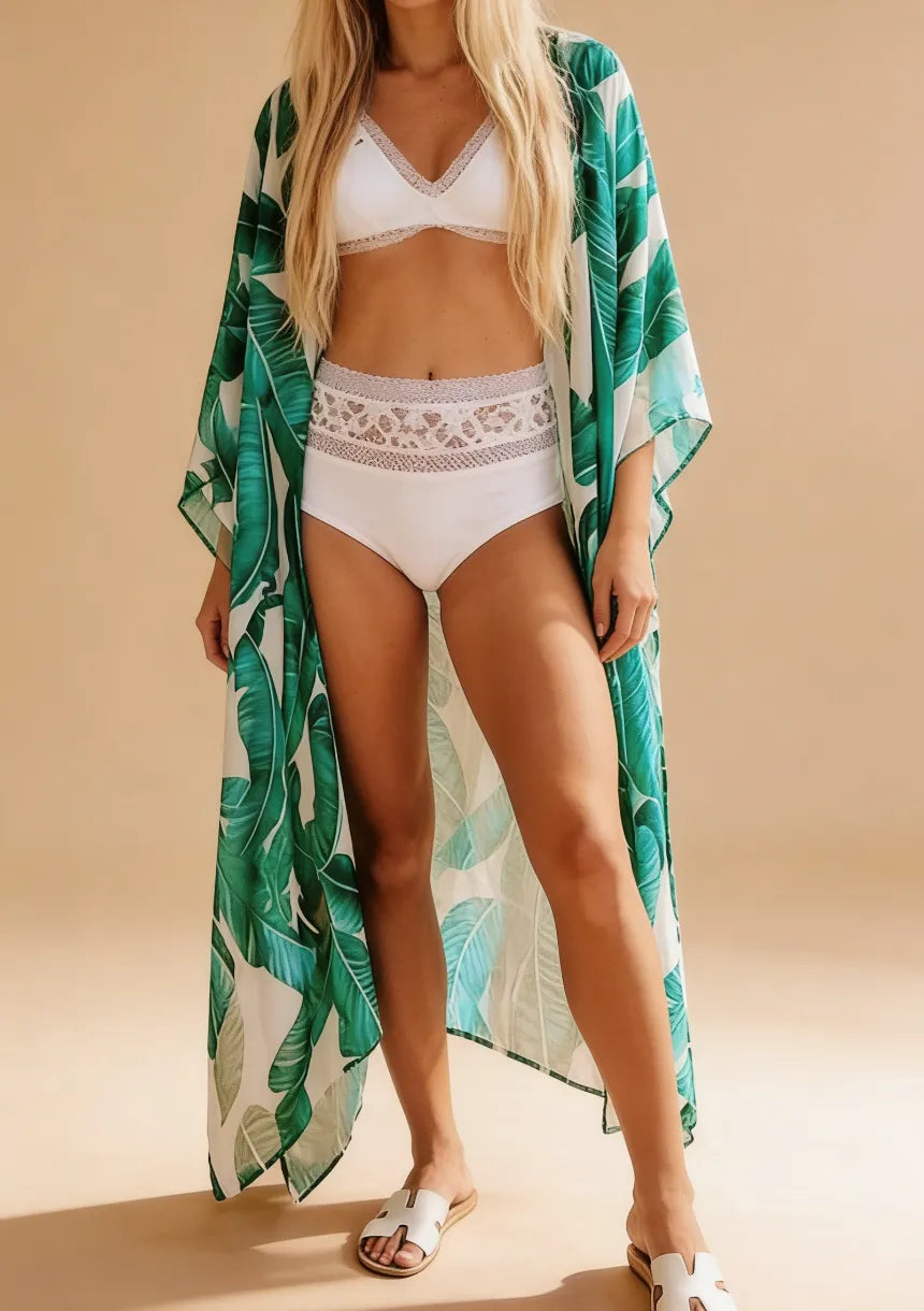 Damskie plażowe kimono z motywem egzotycznych liści