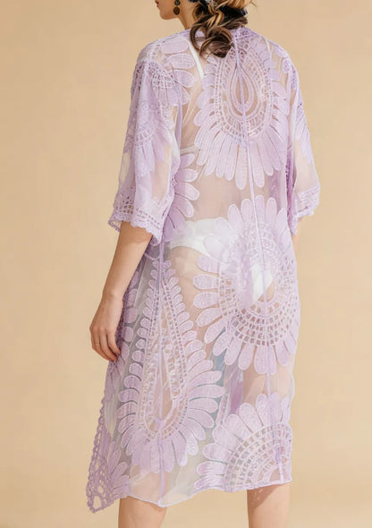 Transparentne kimono plażowe z motywem kwiatów