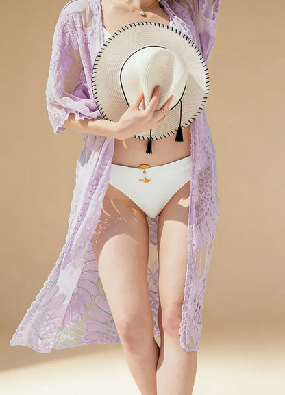 Transparentne kimono plażowe z motywem kwiatów