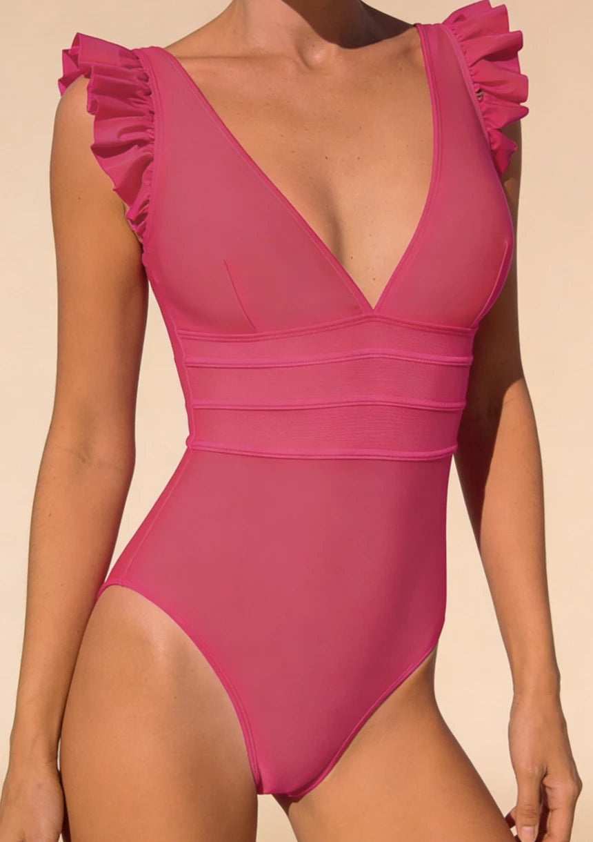 Jednoczęściowy strój kąpielowy z ozdobnymi falbanami