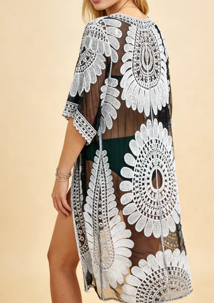 Transparentne kimono plażowe z motywem kwiatów