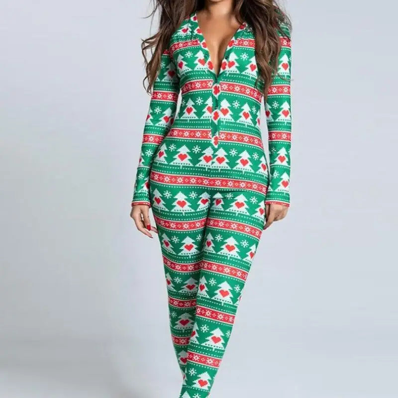 Jednoczęściowa piżama damska z motywem świątecznym - Zielony / S