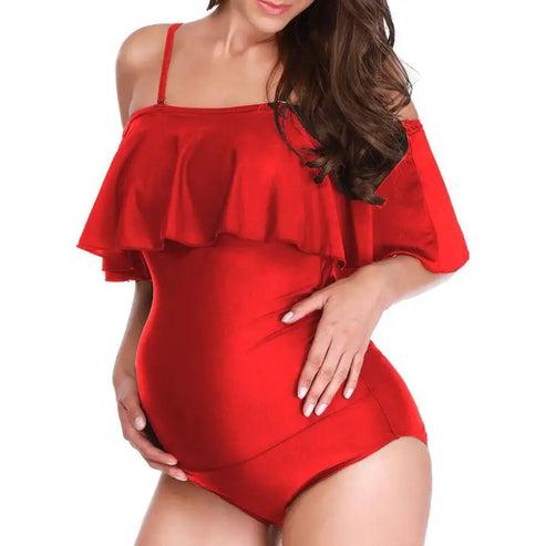 Jednoczęściowy strój kąpielowy z falbanką dla kobiet w ciąży - Czerwony / S