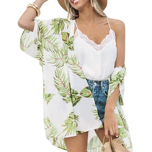 Kimono Plażowe Tropikalne Wzory - Zielony / s