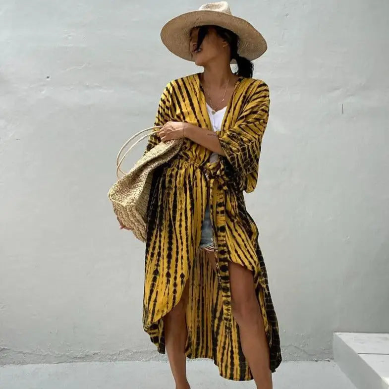 Kimono Plażowe w Paski - żółty / Uniwersalny