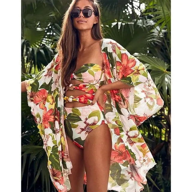 Kimono Plażowe Wzór Kwiatów - Pomarańczowy / Uniwersalny