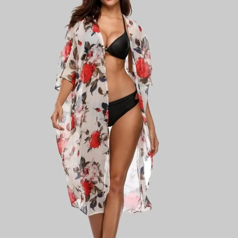 Kimono Plażowe Wzór Róż - Biały / Uniwersalny