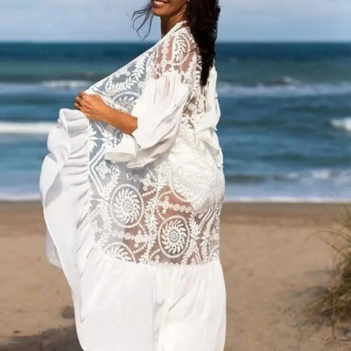 Kimono Plażowe z Koronki - Biały / Uniwersalny