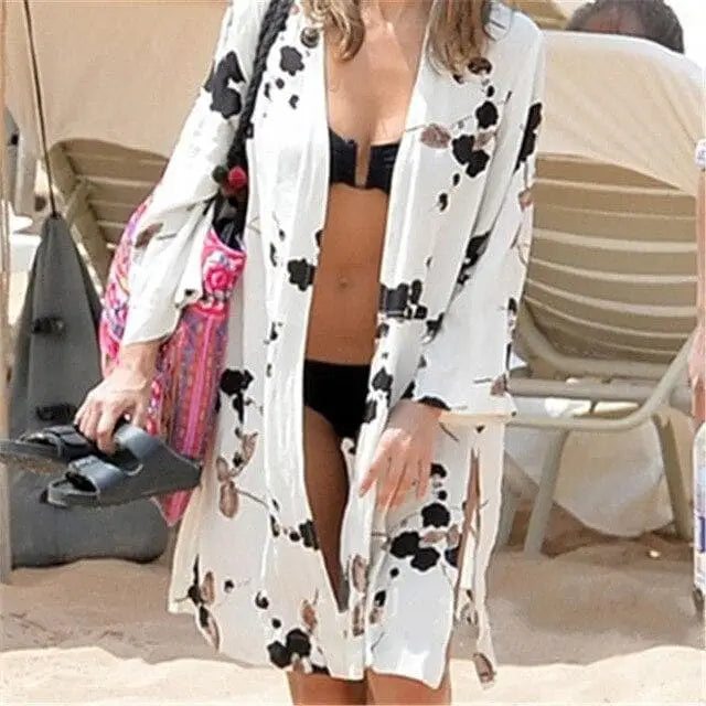 Kimono Plażowe Za Kolana - Biały / Uniwersalny
