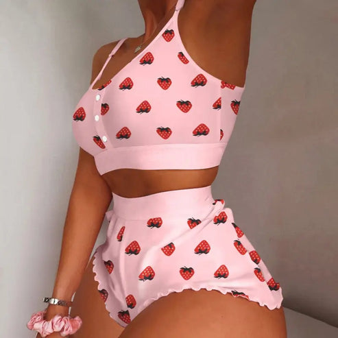Krótka piżama damska z motywem truskawek - Różowy / S