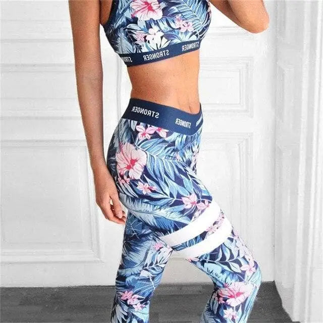 Niebieski Legginsy sportowe kwiaty