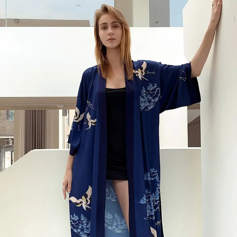 Peniuar damski o kroju kimono - Niebieski / Uniwersalny