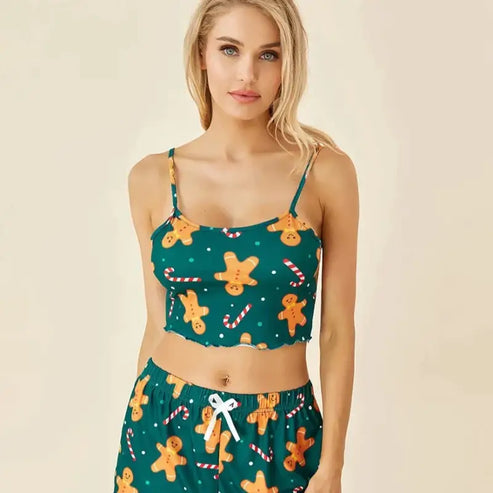 Piżama dwuczęściowa na ramiączkach ze świątecznym wzorem - Zielony / S